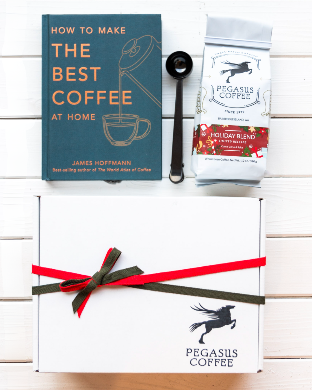 Better Brew Box items outside a Pegasus Coffee Gift Box