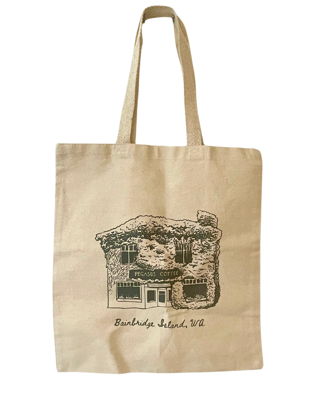 Pegasus Original Coffee House Tote Bag says Bainbridge Island