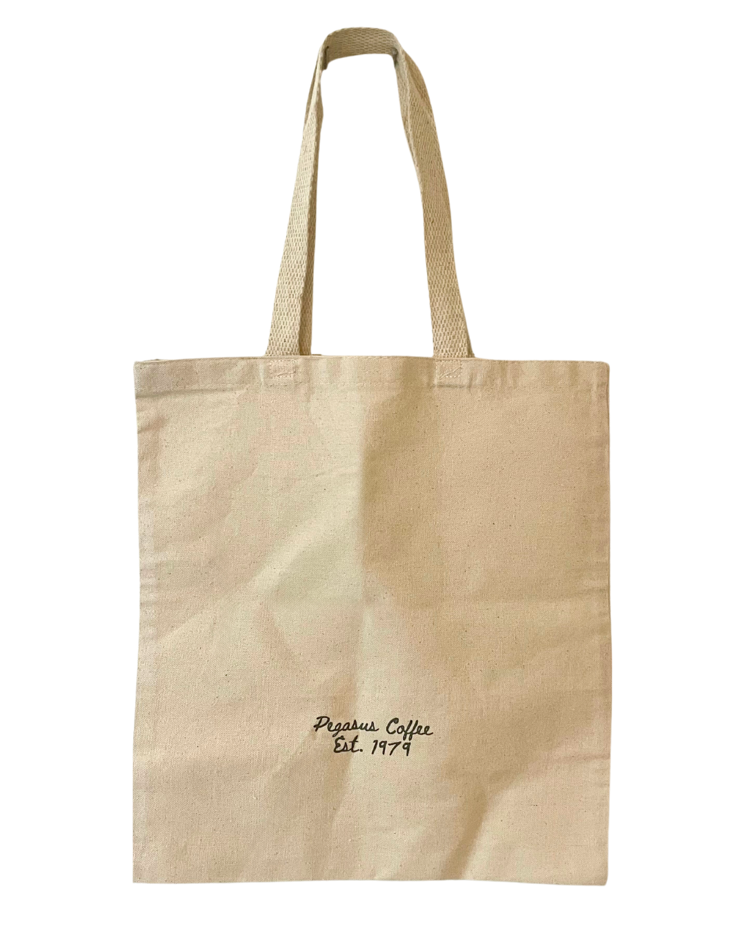 Back of Pegasus Coffee House Tote Bag, says Pegasus Coffee est 1979