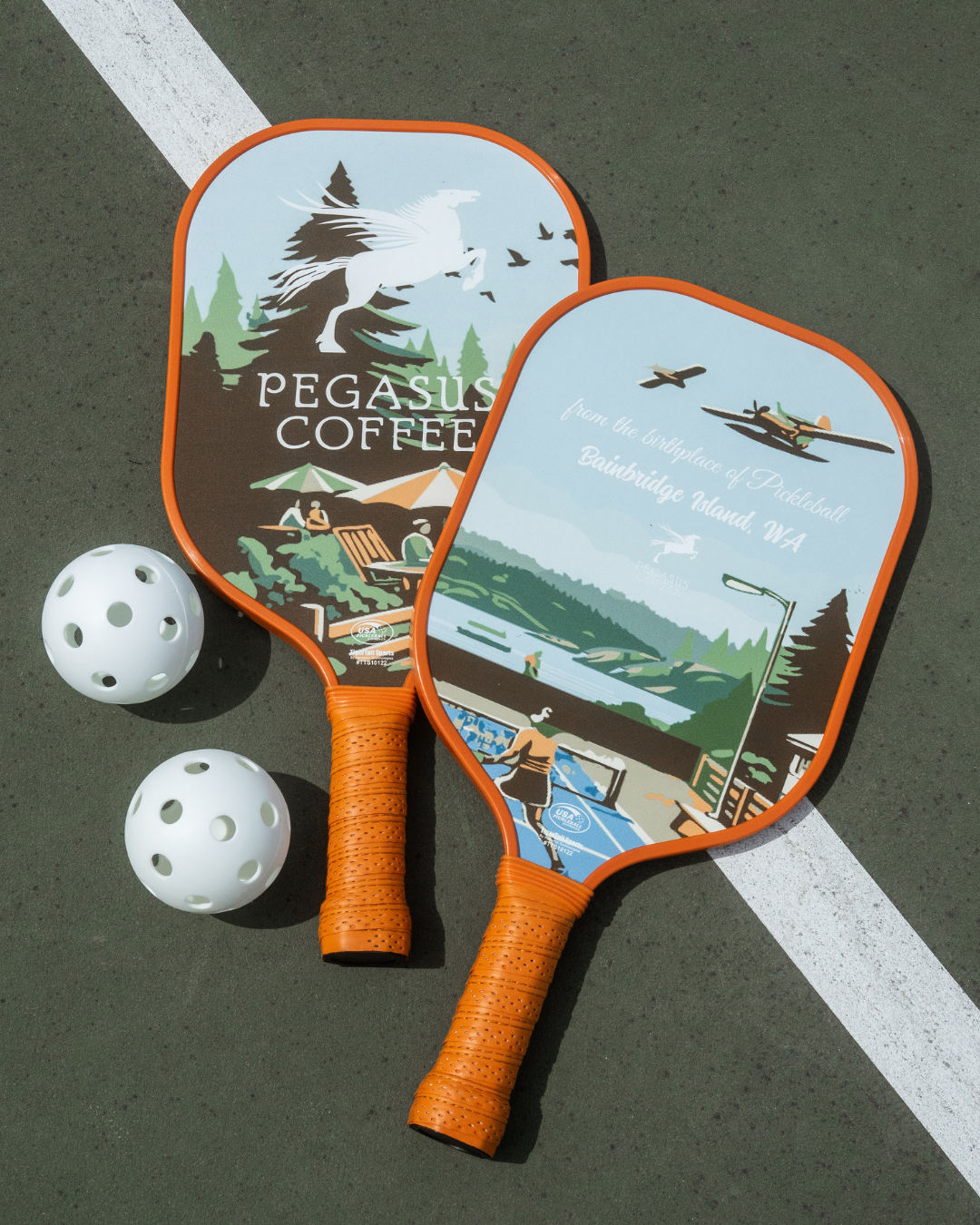 Pegasus Coffee Custom Pickleball Paddles  on a pickleball court